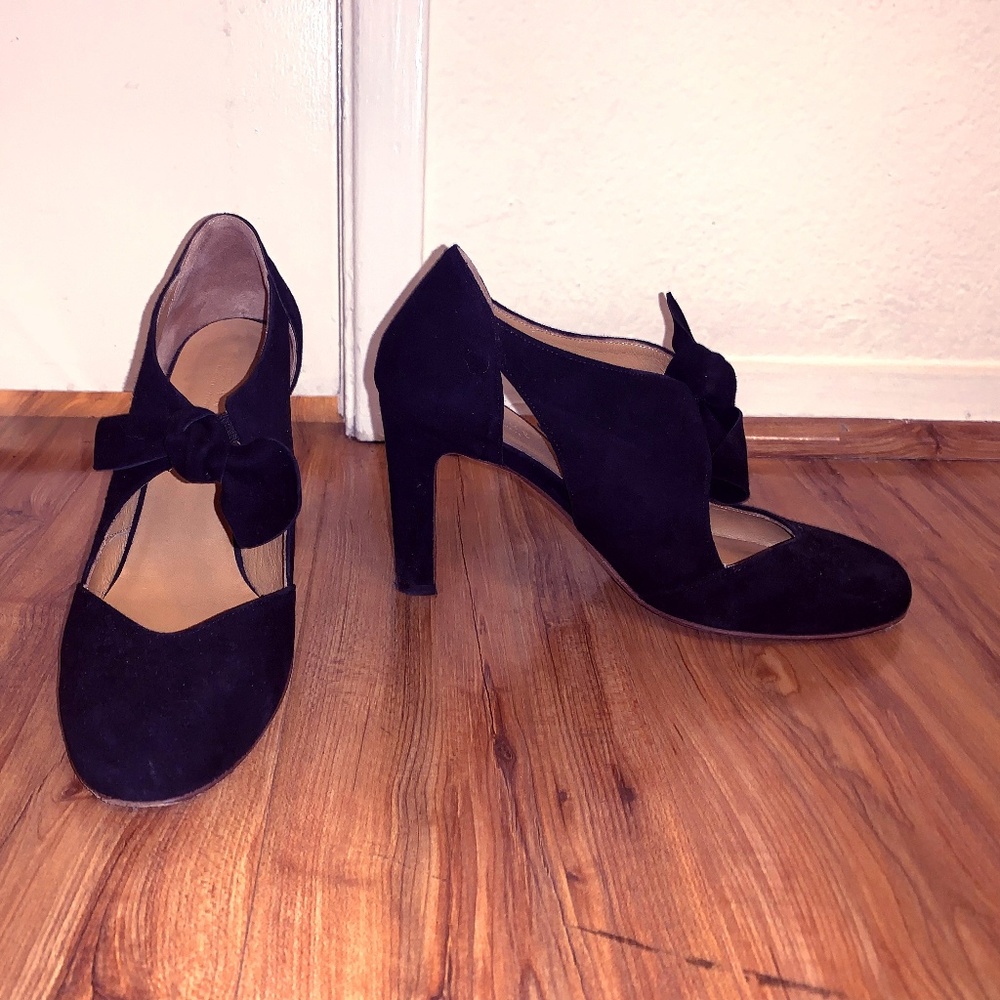 Black suede Sezane heels with bow detail